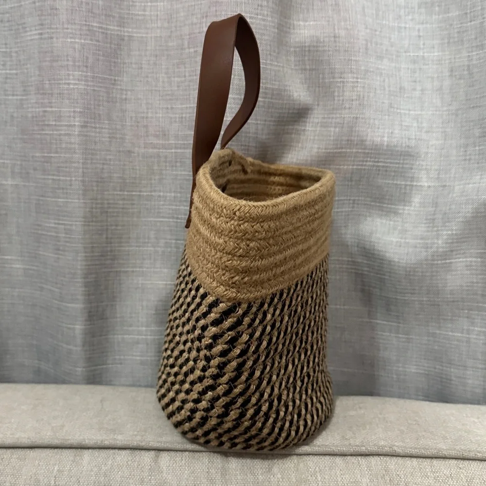Woven Natural Fiber Coil Style Basket-Brown Faux Leather Hanging Loop-EUC